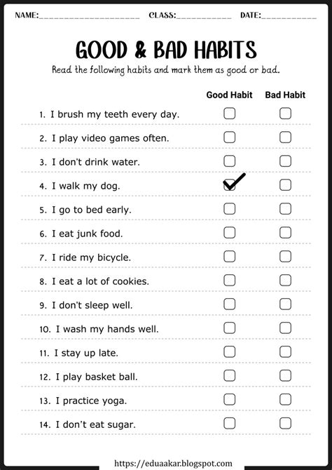 Good and Bad Habits Worksheets for kids