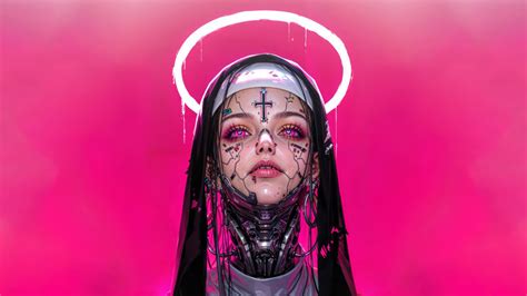 Anime Girl Cyberpunk Nun Halo 4K #7380j Wallpaper PC Desktop