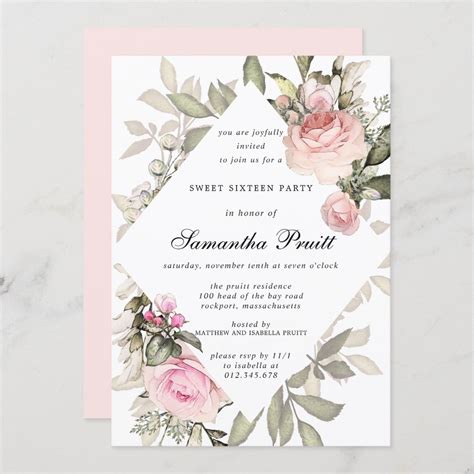 Elegant Blush Pink Floral Sweet 16 Invitation | Zazzle