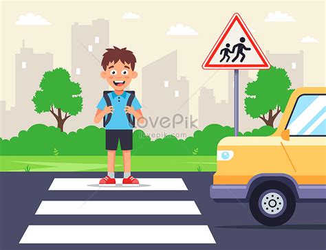 A schoolboy crosses the road on a zebra crossing cartoon illustration ...