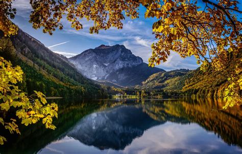 Wallpaper autumn, mountains, branches, lake, reflection, Austria, Alps, Austria, Alps, Upper ...