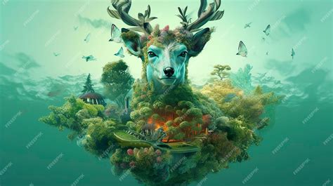 Premium AI Image | Fantasy animal double exposure of fantasy world with green trees AI Generative