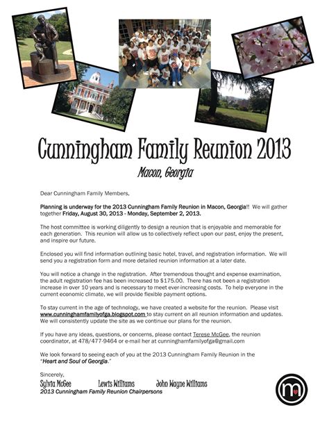 Cunningham Family Reunion 2013: Family Reunion Information Flyer