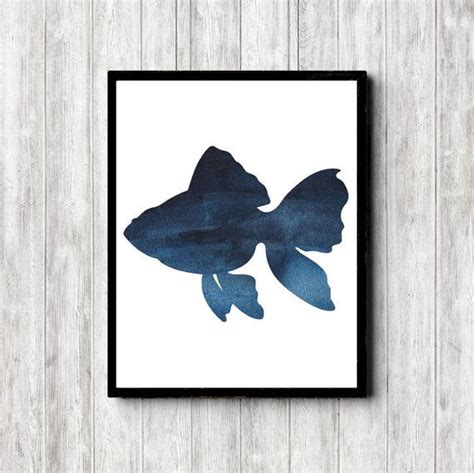 Tropical Fish Printable Wall Art - Watercolor Fish Silhouette Decor Poster - Dark Blue Art Print ...