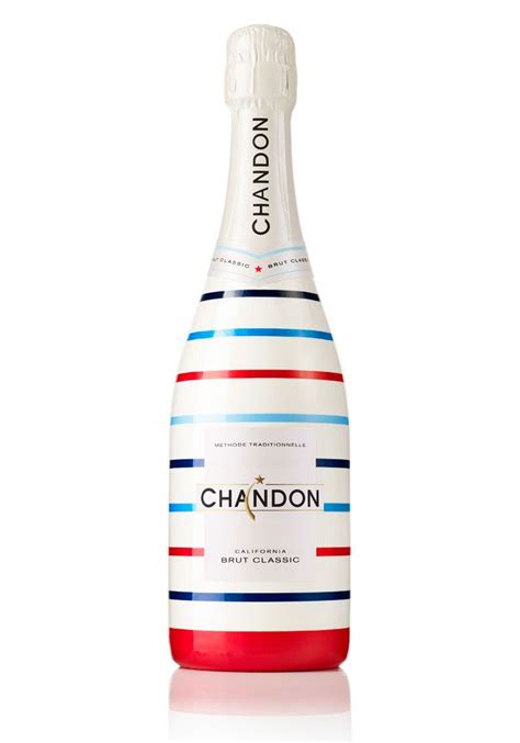 a bottle of chandon white wine with red, white and blue stripes on it