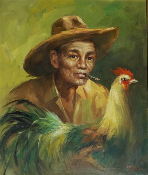 Oscar T. Navarro (1921- 1973) well listed Filipino artist painting of a man with rooster ...