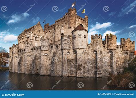 Medieval Gravensteen Castle in Ghent, Belgium. in Cloudy Weather Stock Photo - Image of fort ...