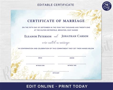 Marriage Certificate EDITABLE Certificate Marriage - Etsy