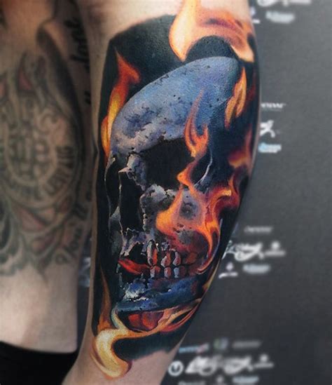 Skull with Flames on Guys Calf