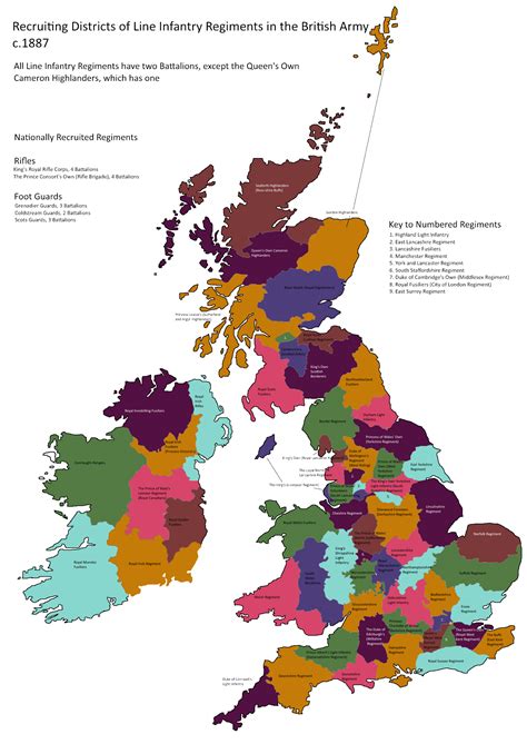 Recruiting areas of Line Infantry Regiments in the British Army c.1887 [1449x2028][OC] : r/MapPorn