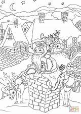 Santa Claus With Presents Is Entering The House Via Chimney  sketch template