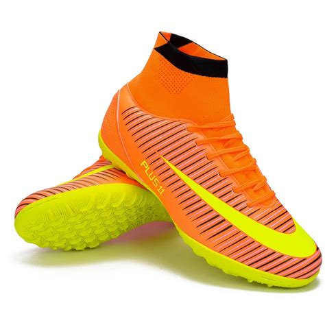 zhenzu Men Blue Orange High Ankle Turf Sole Indoor Cleats Football Boots Shoes Kids Soccer ...