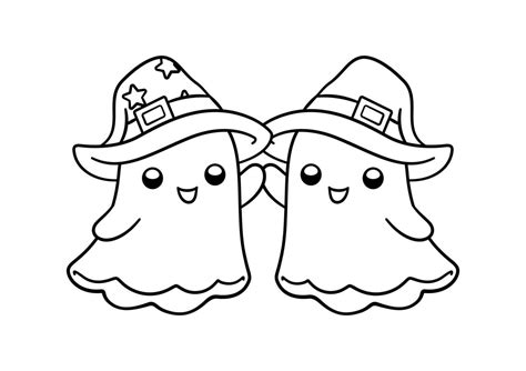 Cute ghosts wearing witch hats outline doodle cartoon illustration ...