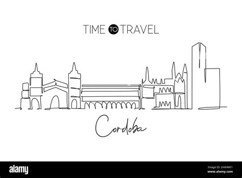 Single continuous line drawing of Cordoba city skyline, Spain. Famous ...