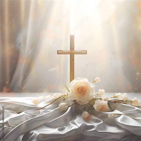 Light gray background sadness funeral golden cross and white spring ...