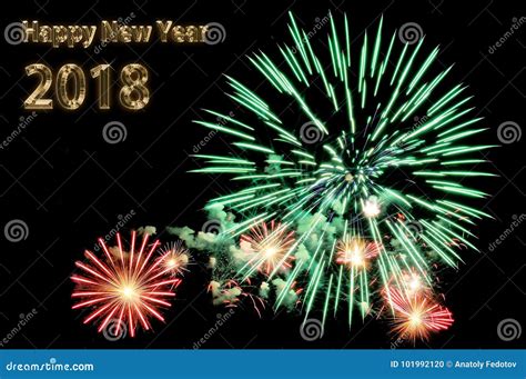 Gold Letters Happy New Year 2018 and Flashes of Fireworks Stock Photo ...