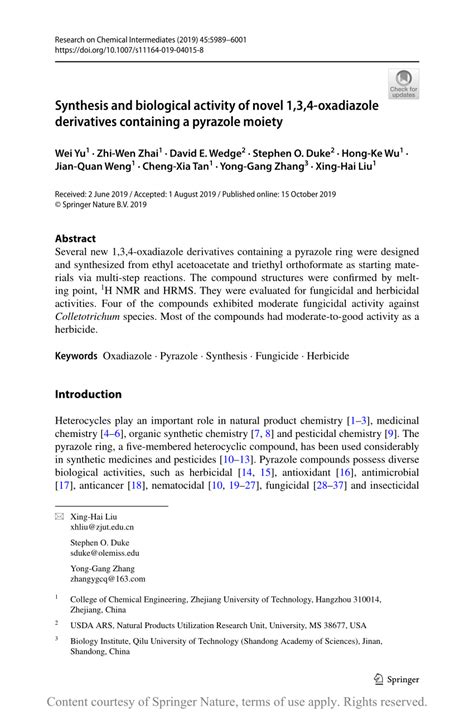 Synthesis and biological activity of novel 1,3,4-oxadiazole derivatives containing a pyrazole ...