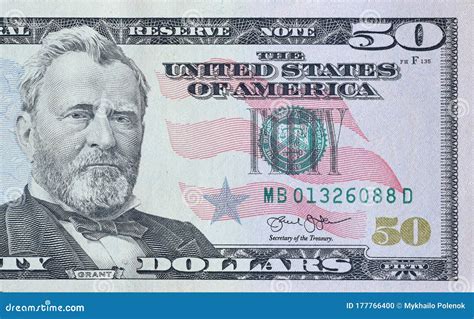 Portrait of US President Ulysses Simpson Grant on 50 Dollars Banknote Closeup Macro Fragment ...