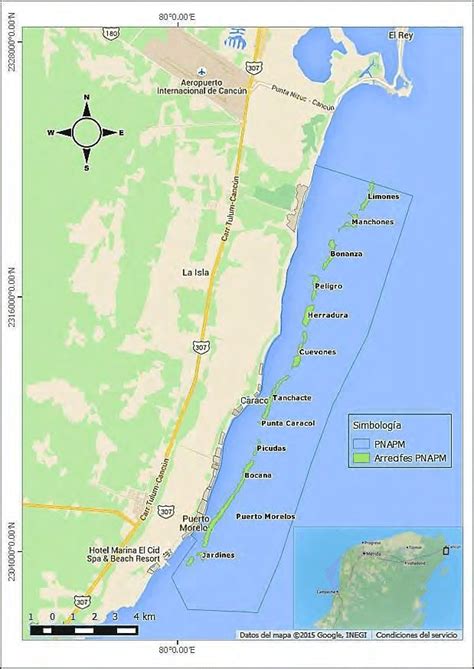 Mapa del Parque Nacional Arrecifes de Puerto Morelos, Q. Roo, México ...