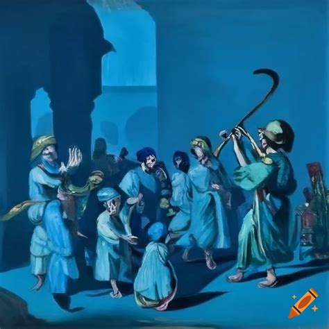 Orientalist scene of a crowd watching a boy snake charmer with a horn ...