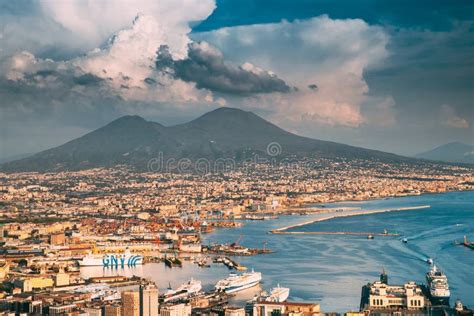 Naples, Italy. Top View Cityscape Skyline of Naples with Mount Vesuvius and Gulf of Naples in ...