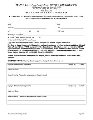 Substitute Teacher Application Form - Fill Online, Printable, Fillable, Blank | pdfFiller