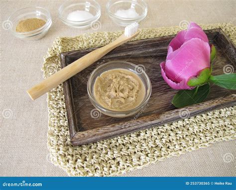 Homemade Toothpaste with Coconut Oil, Xylitol and Medicinal Clay Stock Image - Image of powder ...