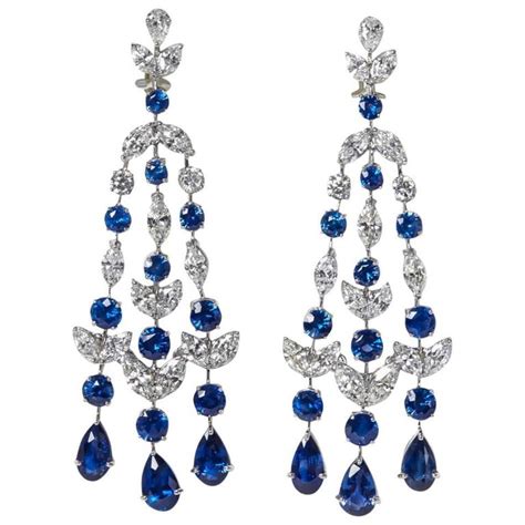 Sapphire Diamond Platinum Chandelier Earrings For Sale at 1stdibs