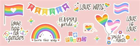 Sticker set of LGBTQ community symbols with groovy retro elements. Pride month slogans and ...