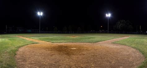 Panorama Of Empty Baseball Field At Night From Behind Home Pate ...