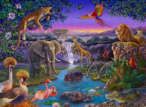 African Animals At The Water Hole Painting by Anne Wertheim