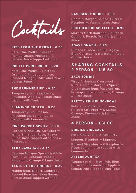 Food & Drink Menus | Birdies Bar in Birmingham