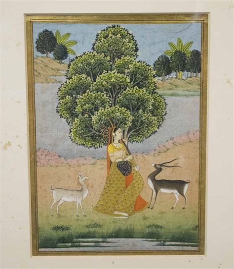 A 19th CENTURY INDIAN MINIATURE PAINTING, of a lady playing an instrument by a tree.