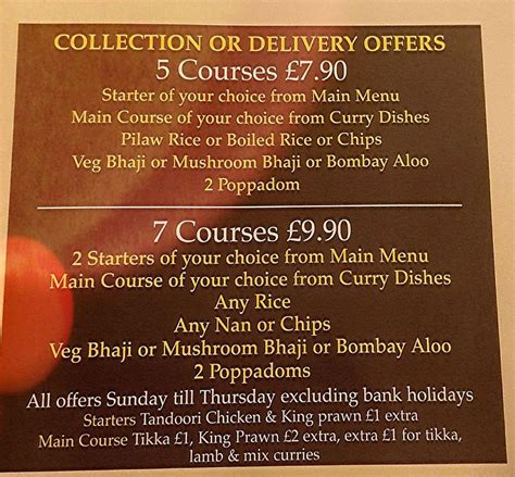 Menu at Kashmir Tandoori restaurant, South Shields