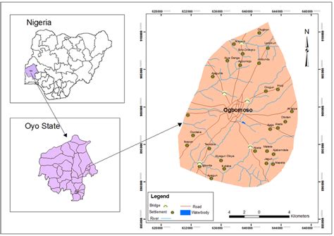 Map of the study area (Ogbomoso North and South LGAs) projected global ...