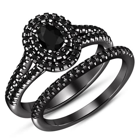 2Ct Oval & Round Black Diamond Women's Bridal Wedding Ring Set 14K Black Gold Fn - Diamonds ...