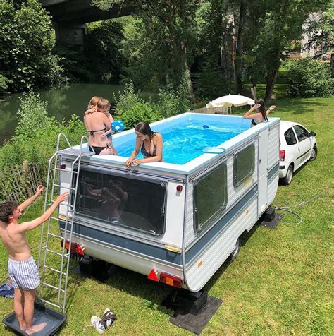 benedetto bufalino turns old caravan into mobile swimming pool