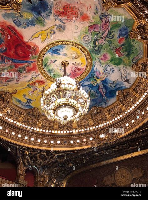 Ceiling and chandelier in the auditorium of the Palais Garnier (Opera ...