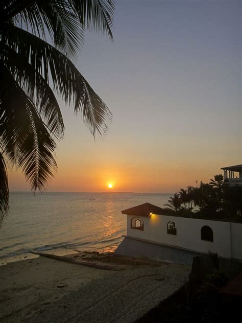 the sun is setting over the ocean with palm trees in front of it and a building on the beach