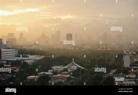 Metro Manila polluted, air pollution seen from Makati city, buildings in the smog & haze due to ...