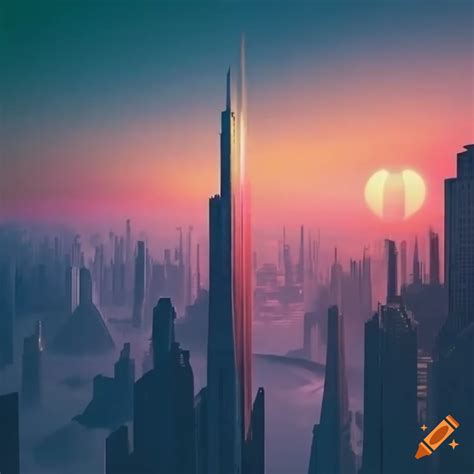 Futuristic cityscape at sunrise
