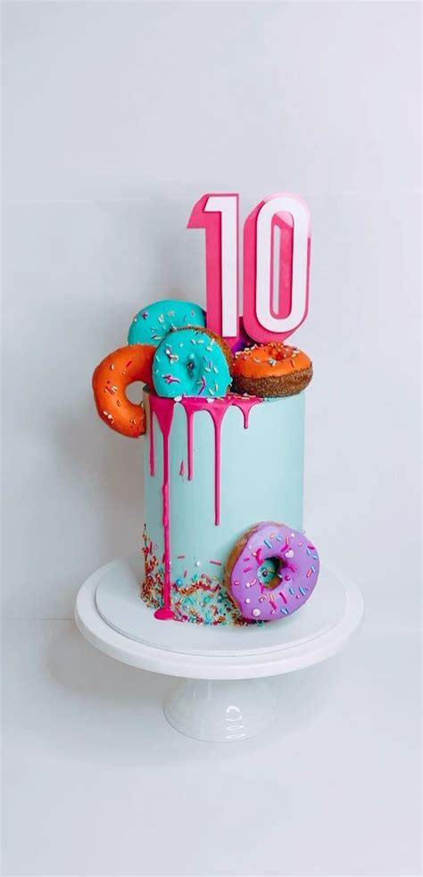 55+ Cute Cake Ideas For Your Next Party : Ten Birthday Cake Topped with Donuts