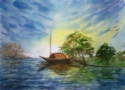 Premium Vector | Watercolor painting boat on the river illustration