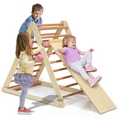 Details about Kids Wooden Climbing Triangle Toddlers Climbing Ladder with Ramp Indoor Climber ...