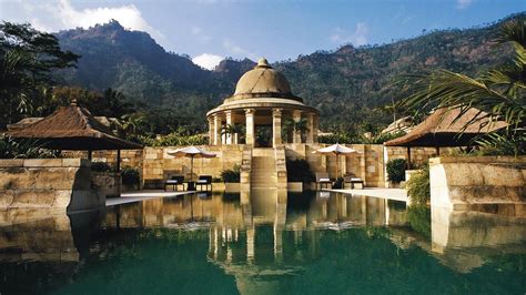 Amanjiwo resort in Java, Indonesia directly overlooks the ancient temple ruins of Borobudor, the ...