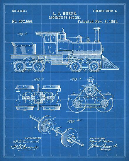 Patent Print of Train locomotive on a blueprint base. All my patent designs are digitally ...