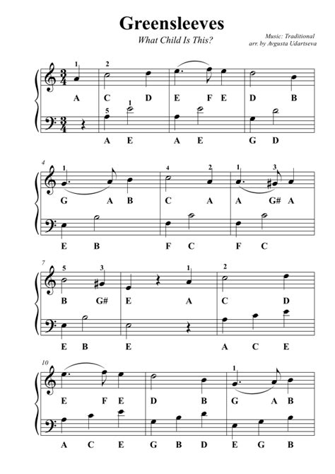 Greensleeves Easy with Letters (arr. Avgusta Udartseva) Sheet Music ...