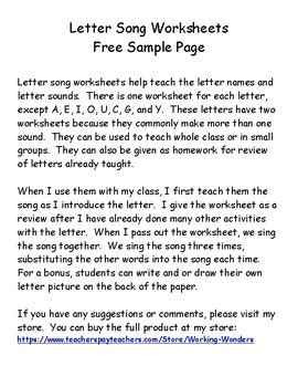 Letter Song Worksheet Sample Page by Working Wonders | TPT