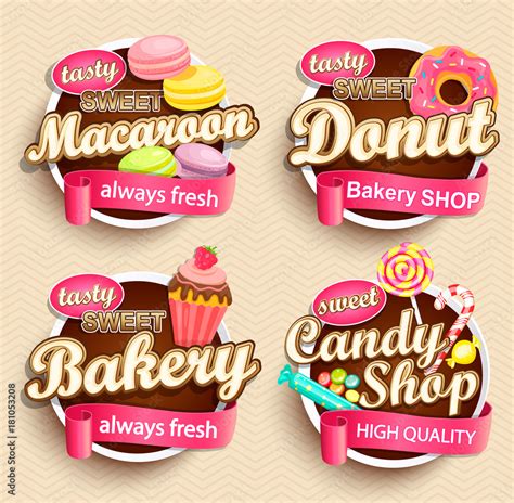 Set of Food Labels or Stickers - macaroon, donut, bakery, candy shop ...