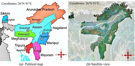 Northeast India. a Political map; b satellite view | Download ...